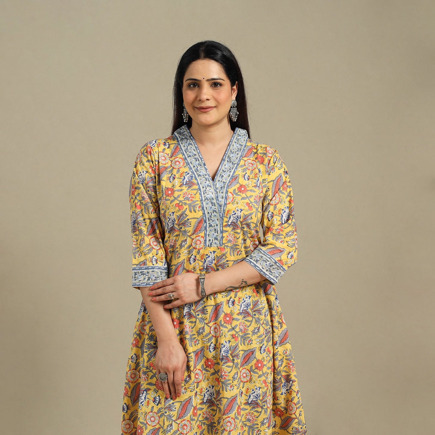 Yellow - cotton a-line sanganeri kurta 09 - handcrafted