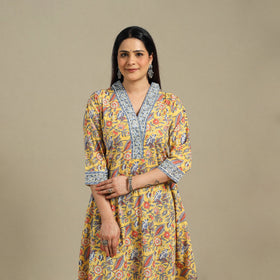 Yellow - cotton a-line sanganeri kurta 09 - handcrafted