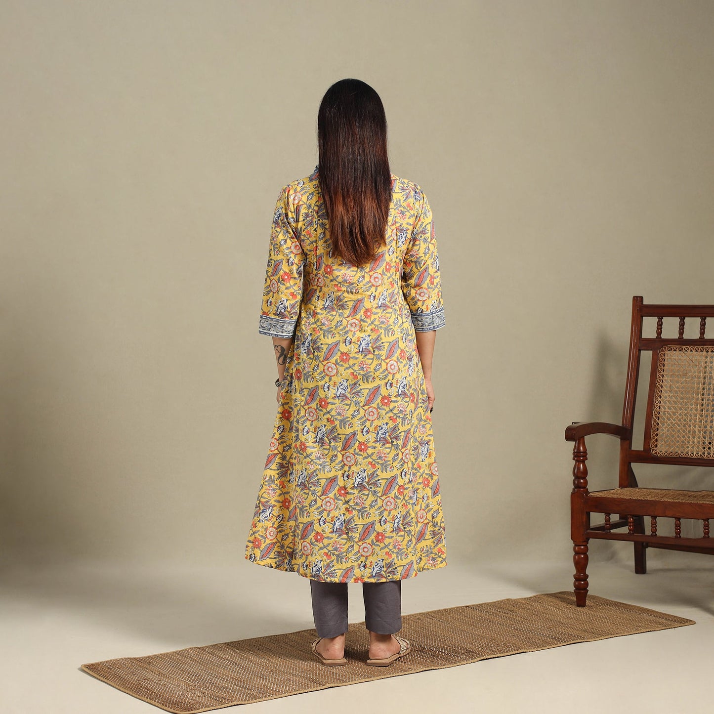 Yellow - cotton a-line sanganeri kurta 09 - handcrafted