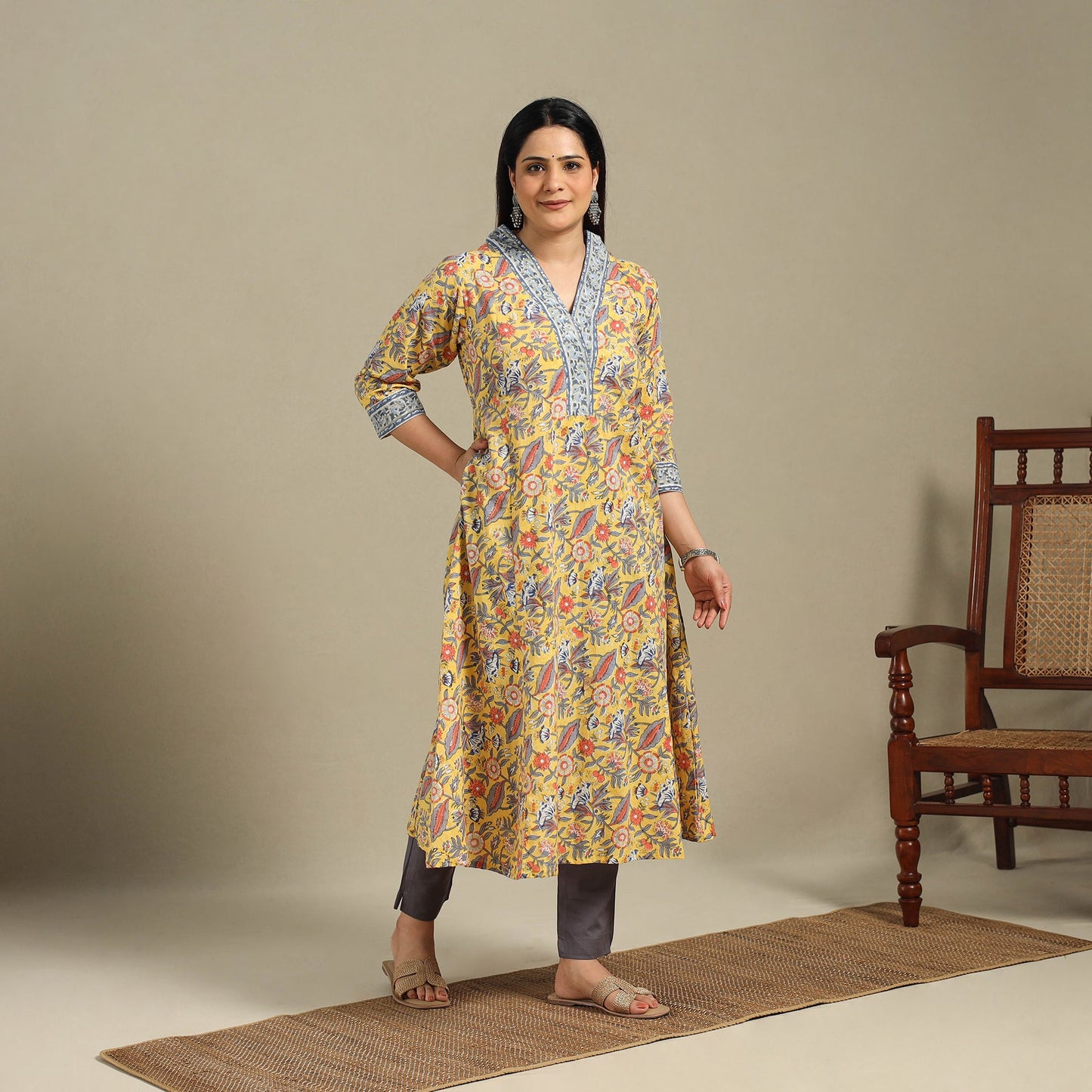 Yellow - cotton a-line sanganeri kurta 09 - handcrafted