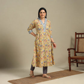 Yellow - cotton a-line sanganeri kurta 09 - handcrafted