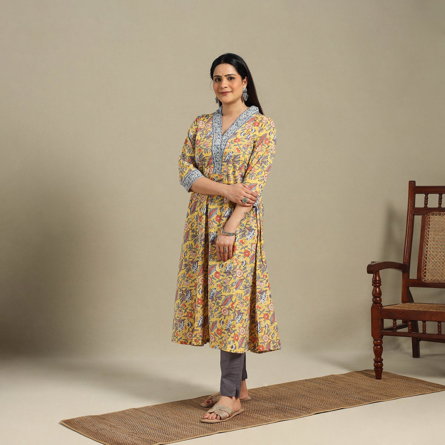 Yellow - cotton a-line sanganeri kurta 09 - handcrafted