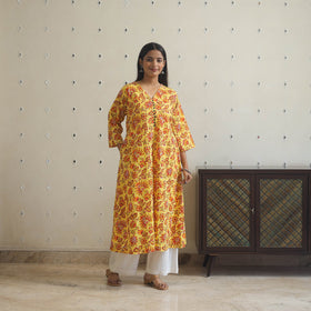 Yellow - cotton a-line sanganeri kurta 10 - handcrafted