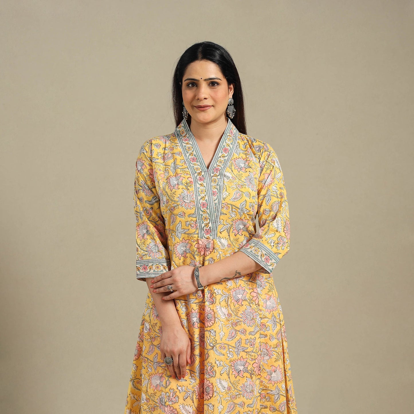 Yellow - cotton a-line sanganeri kurta 10 - handcrafted