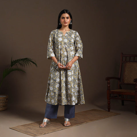 Yellow - cotton a-line sanganeri kurta 10 - handcrafted