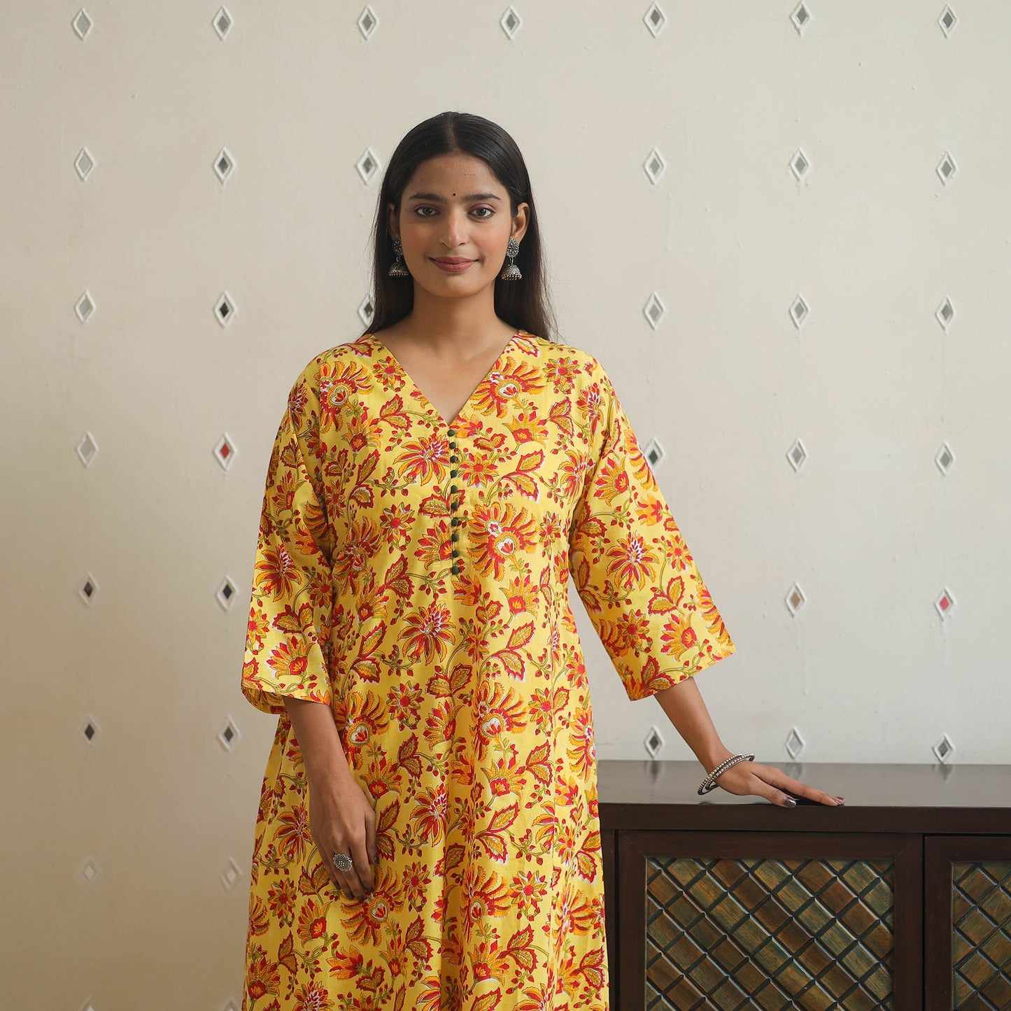 Yellow - cotton a-line sanganeri kurta 10 - handcrafted