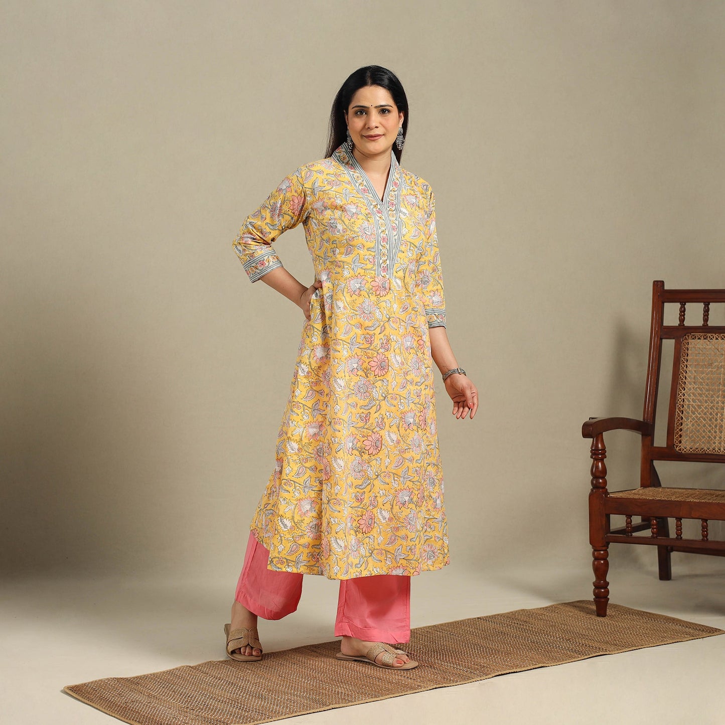 Yellow - cotton a-line sanganeri kurta 10 - handcrafted