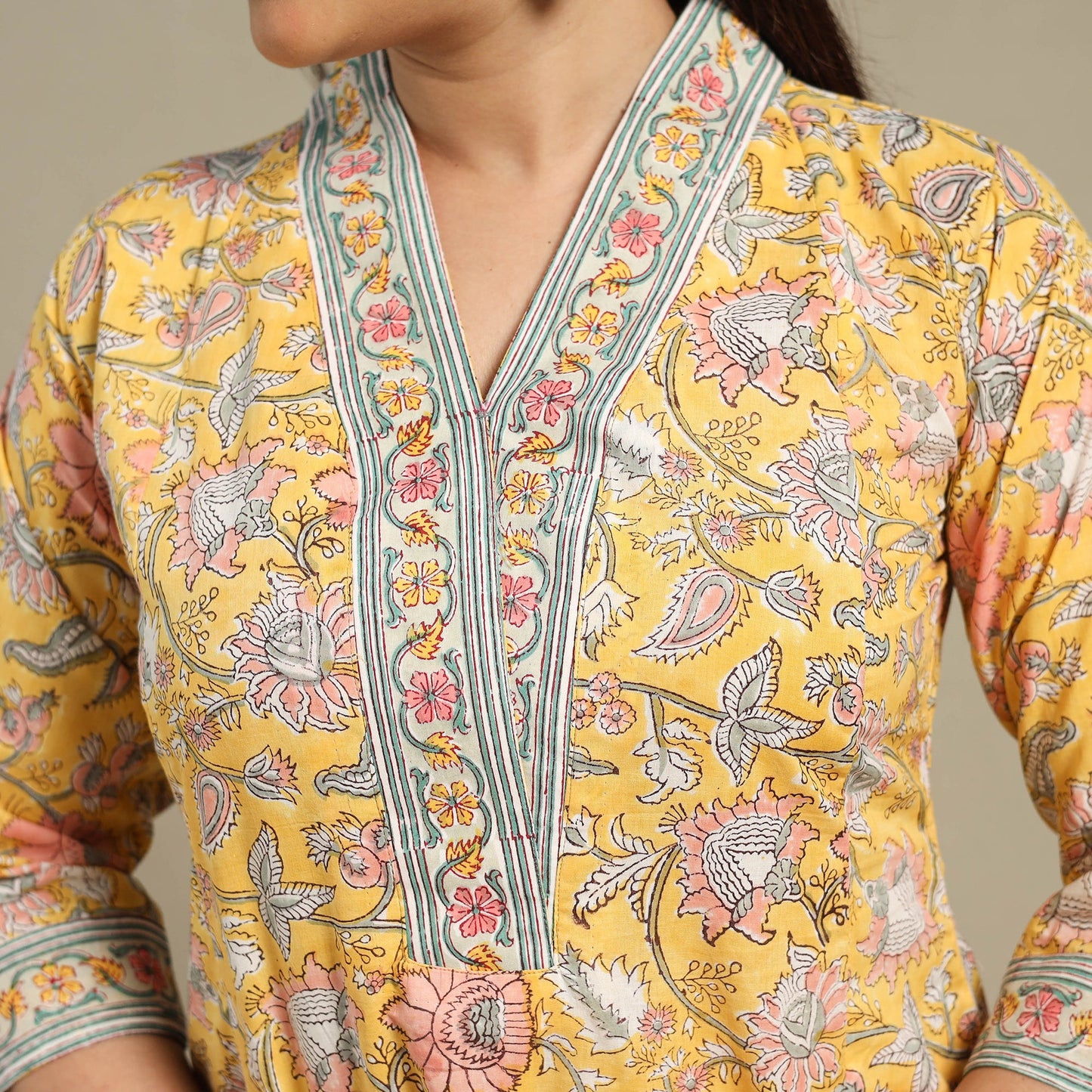 Yellow - cotton a-line sanganeri kurta 10 - handcrafted