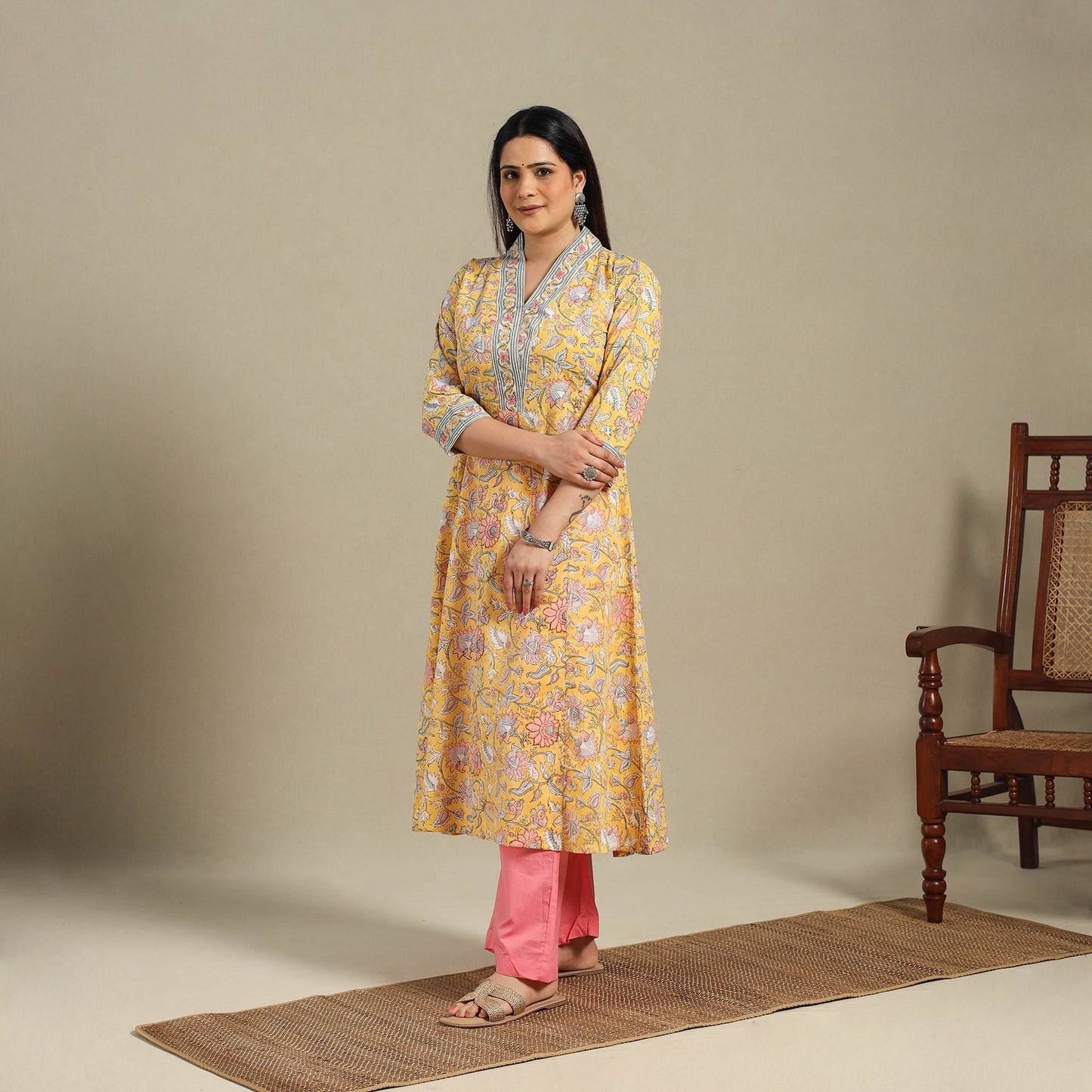 Yellow - cotton a-line sanganeri kurta 10 - handcrafted