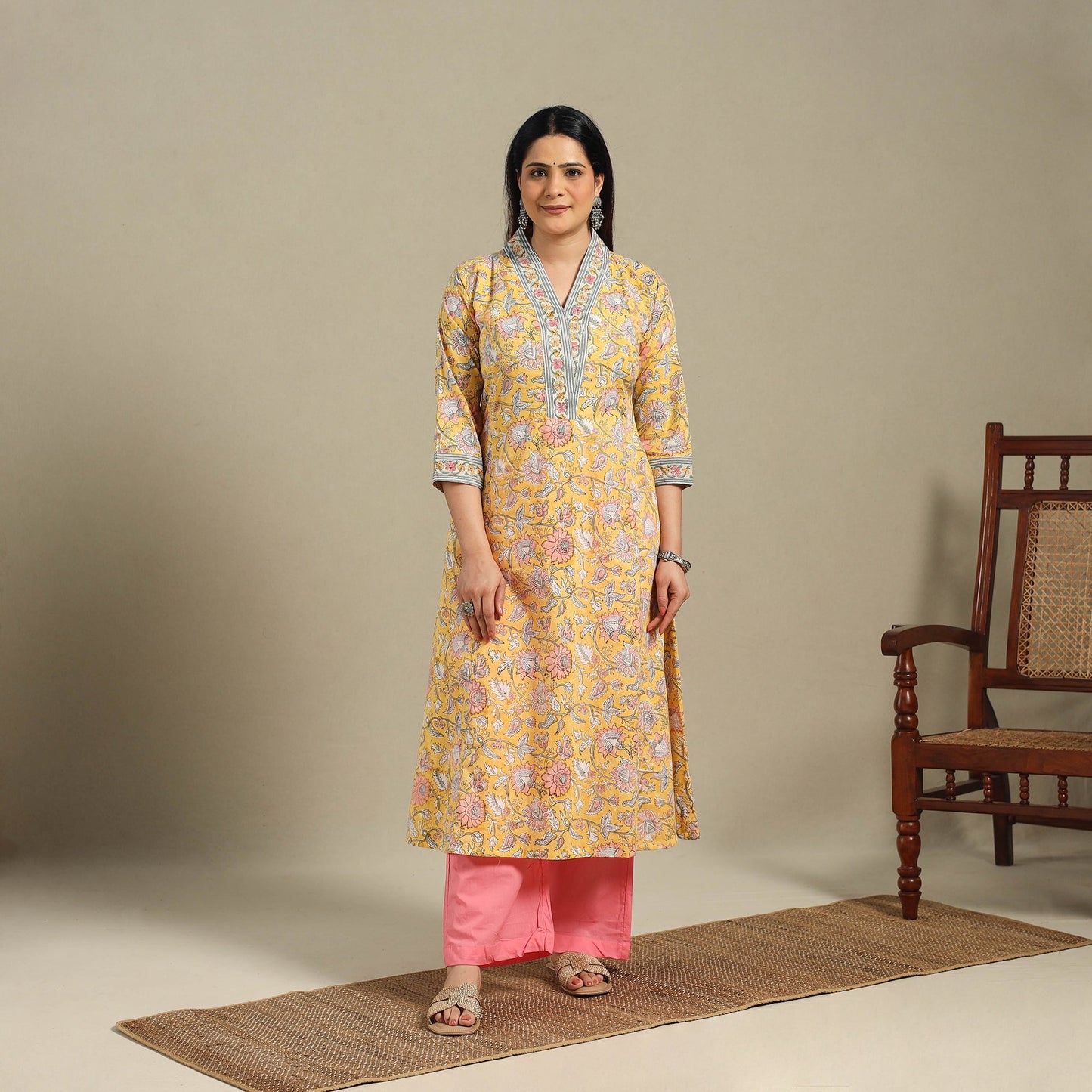 Yellow - cotton a-line sanganeri kurta 10 - handcrafted
