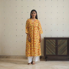 Yellow - cotton a-line sanganeri kurta 10 - handcrafted