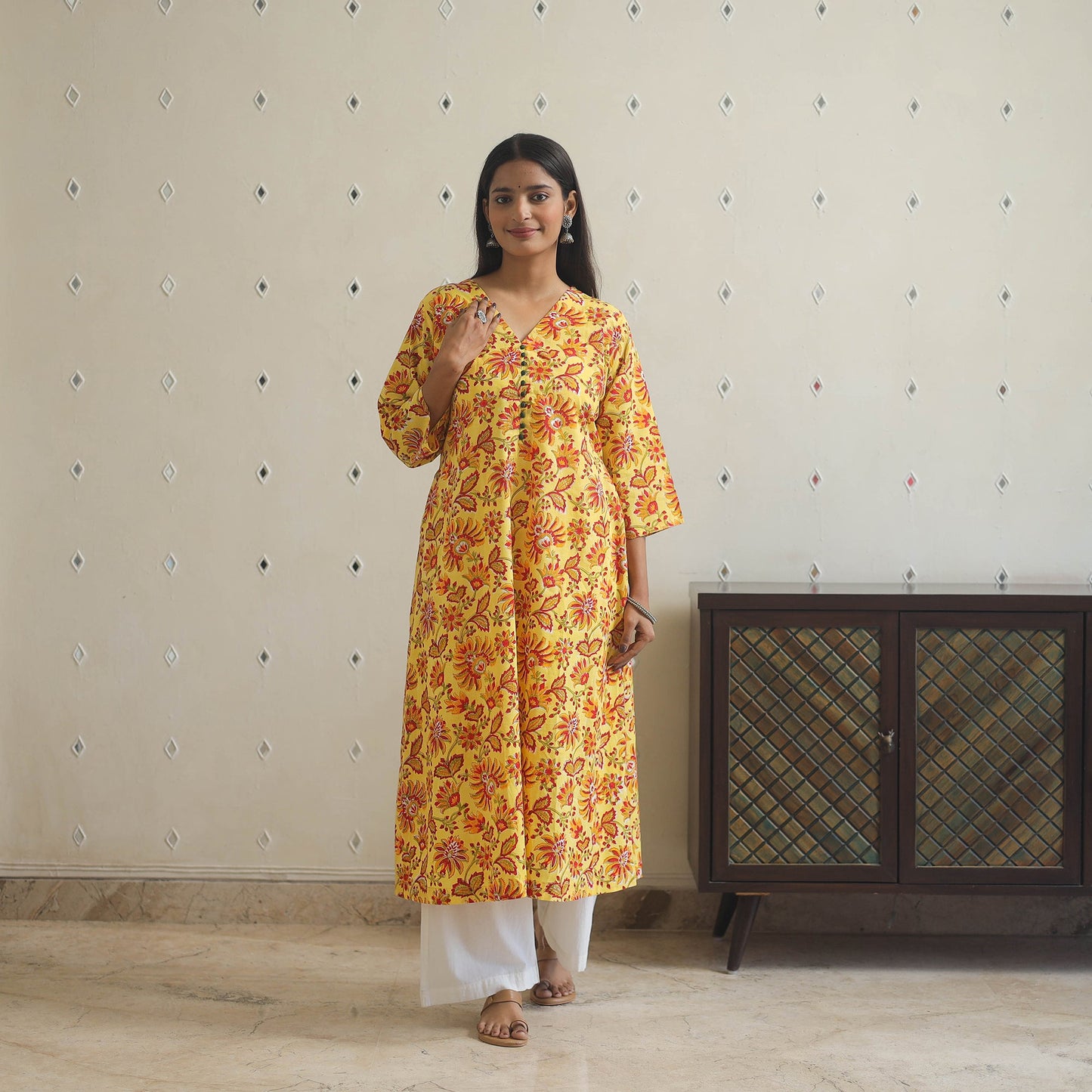 Yellow - cotton a-line sanganeri kurta 10 - handcrafted