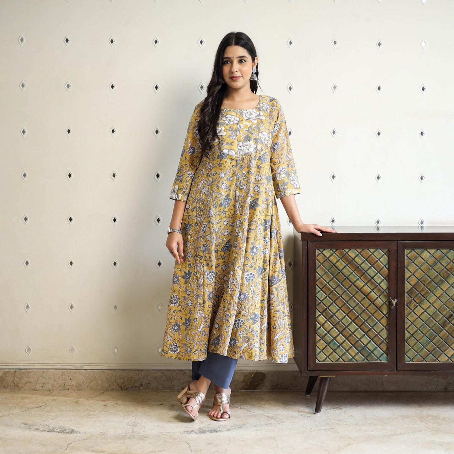 Yellow Block Print Cotton A-Line Sanganeri Kurta for Women