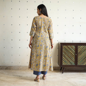 Yellow Block Print Cotton A-Line Sanganeri Kurta for Women