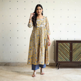 Yellow Block Print Cotton A-Line Sanganeri Kurta for Women