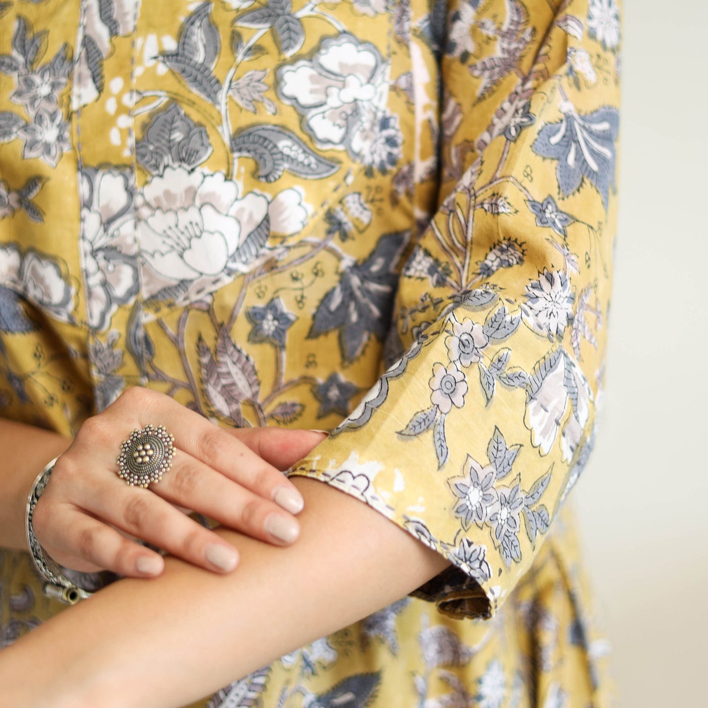 Yellow Block Print Cotton A-Line Sanganeri Kurta for Women