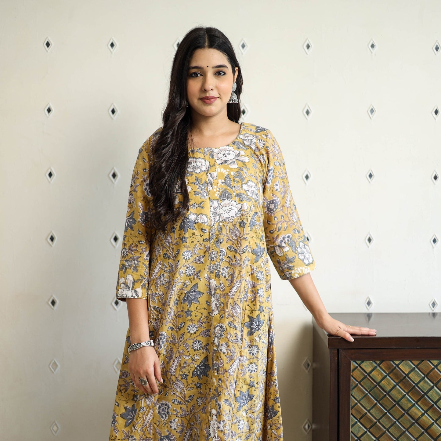 Yellow Block Print Cotton A-Line Sanganeri Kurta for Women