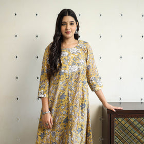 Yellow Block Print Cotton A-Line Sanganeri Kurta for Women
