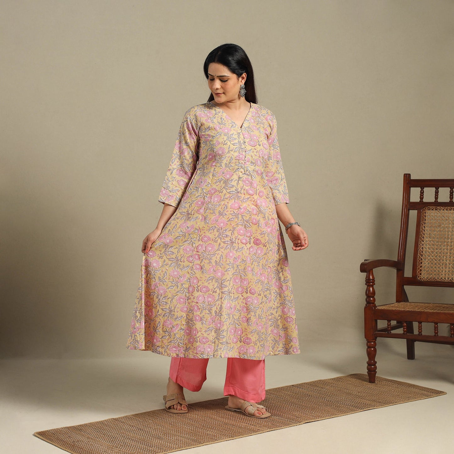 Yellow - cotton a-line sanganeri kurta 12 - handcrafted