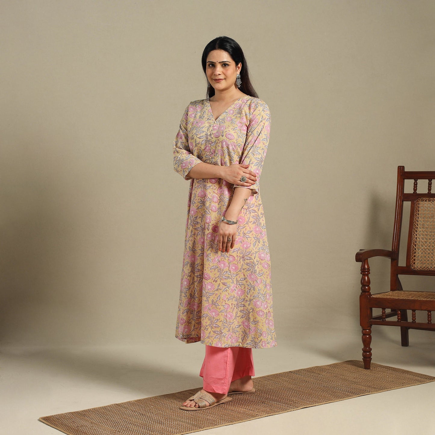 Yellow - cotton a-line sanganeri kurta 12 - handcrafted