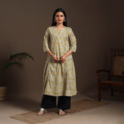 Yellow - cotton a-line sanganeri kurta 13 - handcrafted