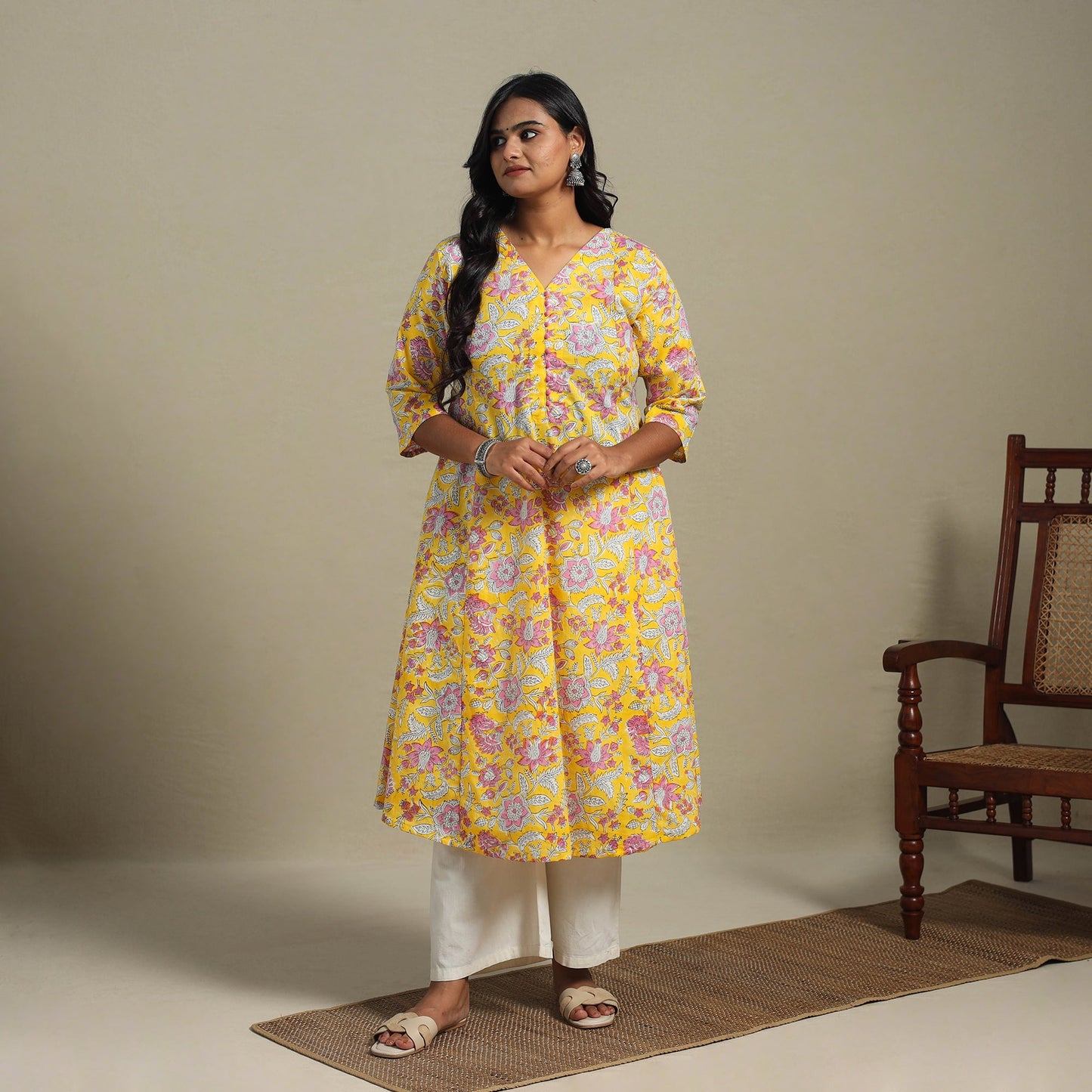 Yellow Block Print Cotton A-Line Sanganeri Kurta