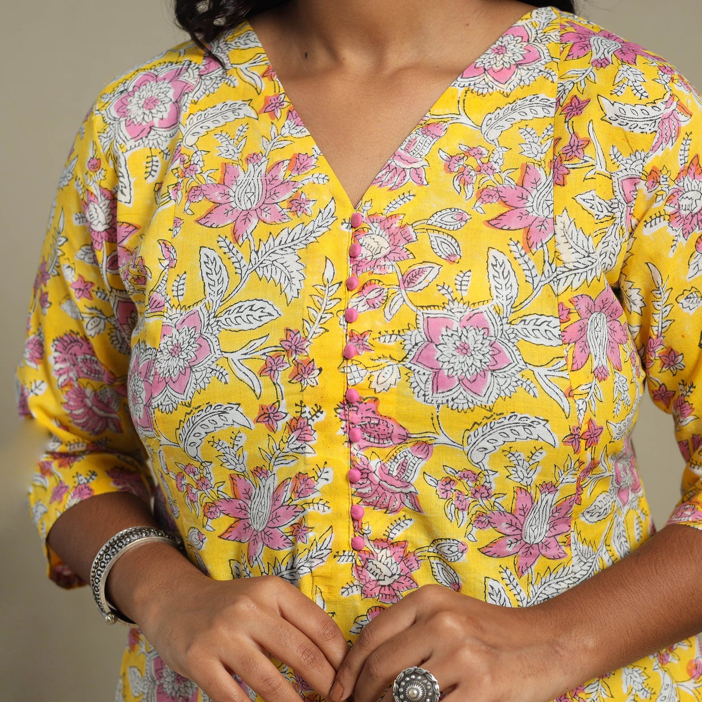 Yellow Block Print Cotton A-Line Sanganeri Kurta