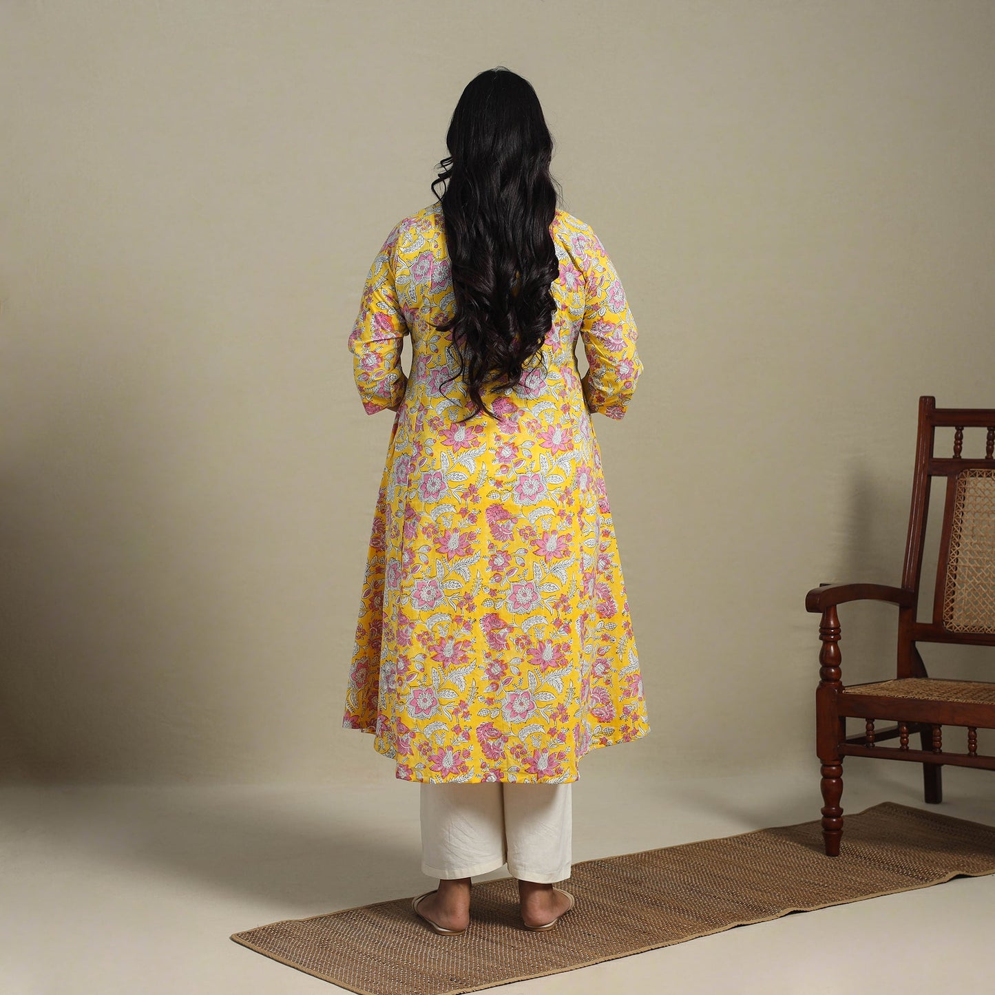 Yellow Block Print Cotton A-Line Sanganeri Kurta