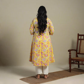 Yellow Block Print Cotton A-Line Sanganeri Kurta