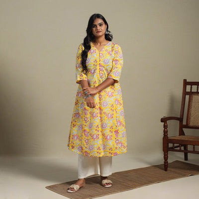 Yellow Block Print Cotton A-Line Sanganeri Kurta