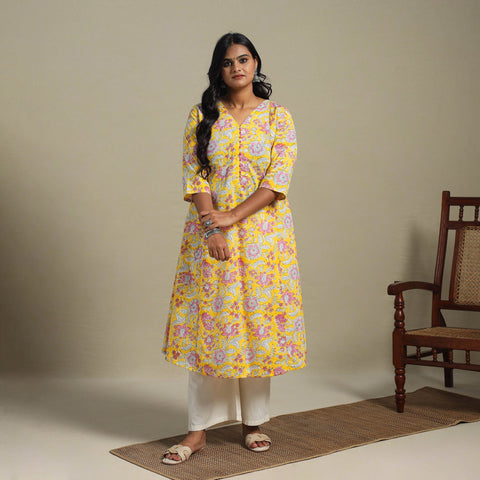 Yellow Block Print Cotton A-Line Sanganeri Kurta