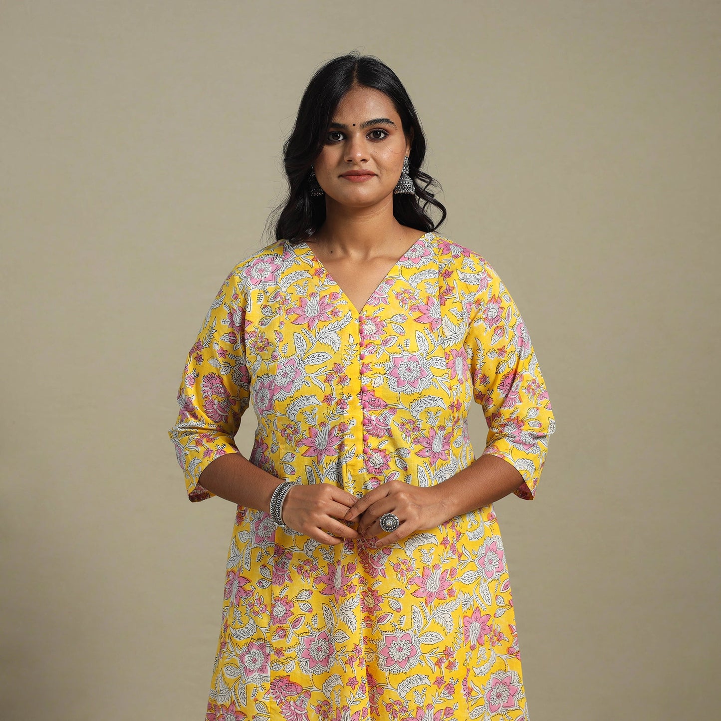 Yellow Block Print Cotton A-Line Sanganeri Kurta