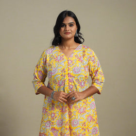 Yellow Block Print Cotton A-Line Sanganeri Kurta