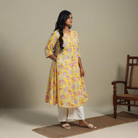 Yellow Block Print Cotton A-Line Sanganeri Kurta