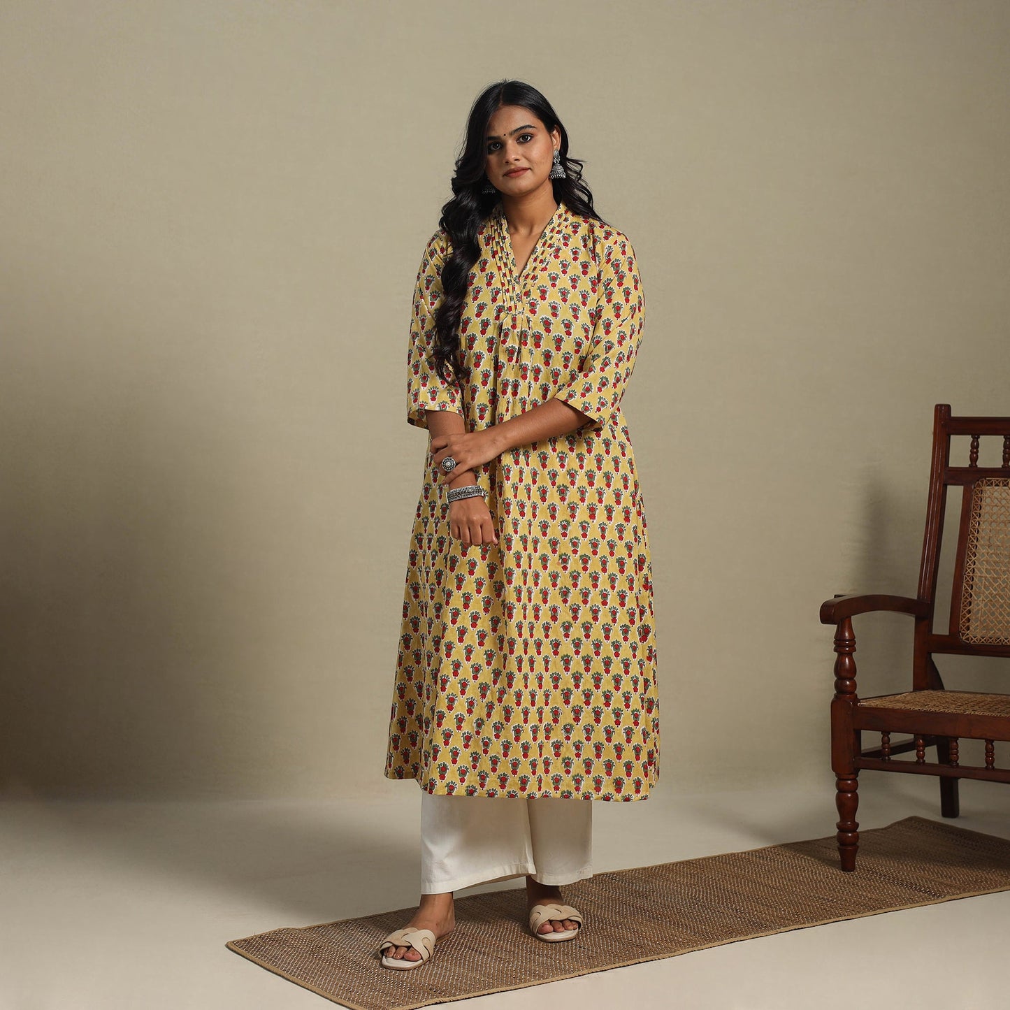 Yellow - cotton a-line sanganeri kurta 32 - handcrafted