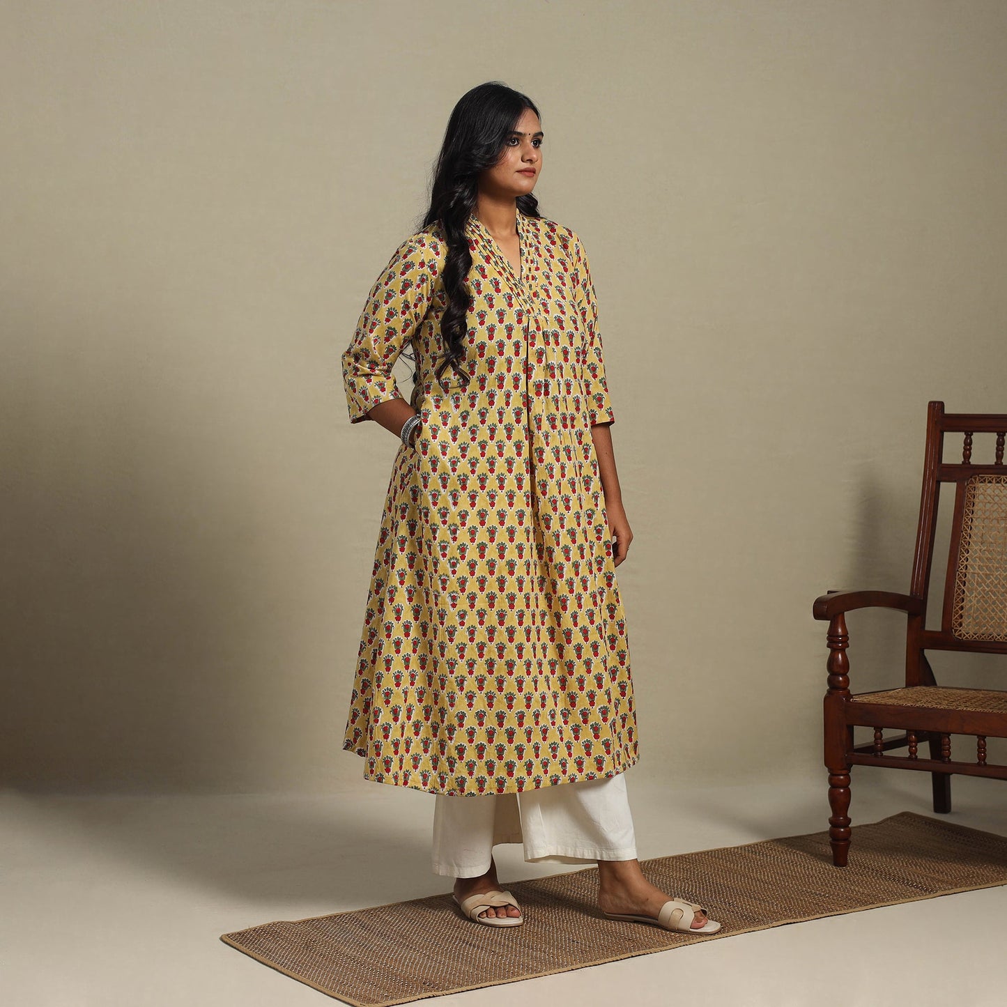 Yellow - cotton a-line sanganeri kurta 32 - handcrafted