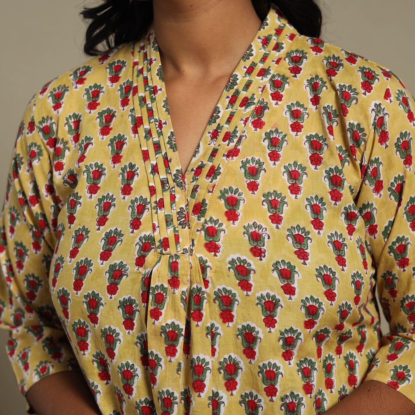 Yellow - cotton a-line sanganeri kurta 32 - handcrafted