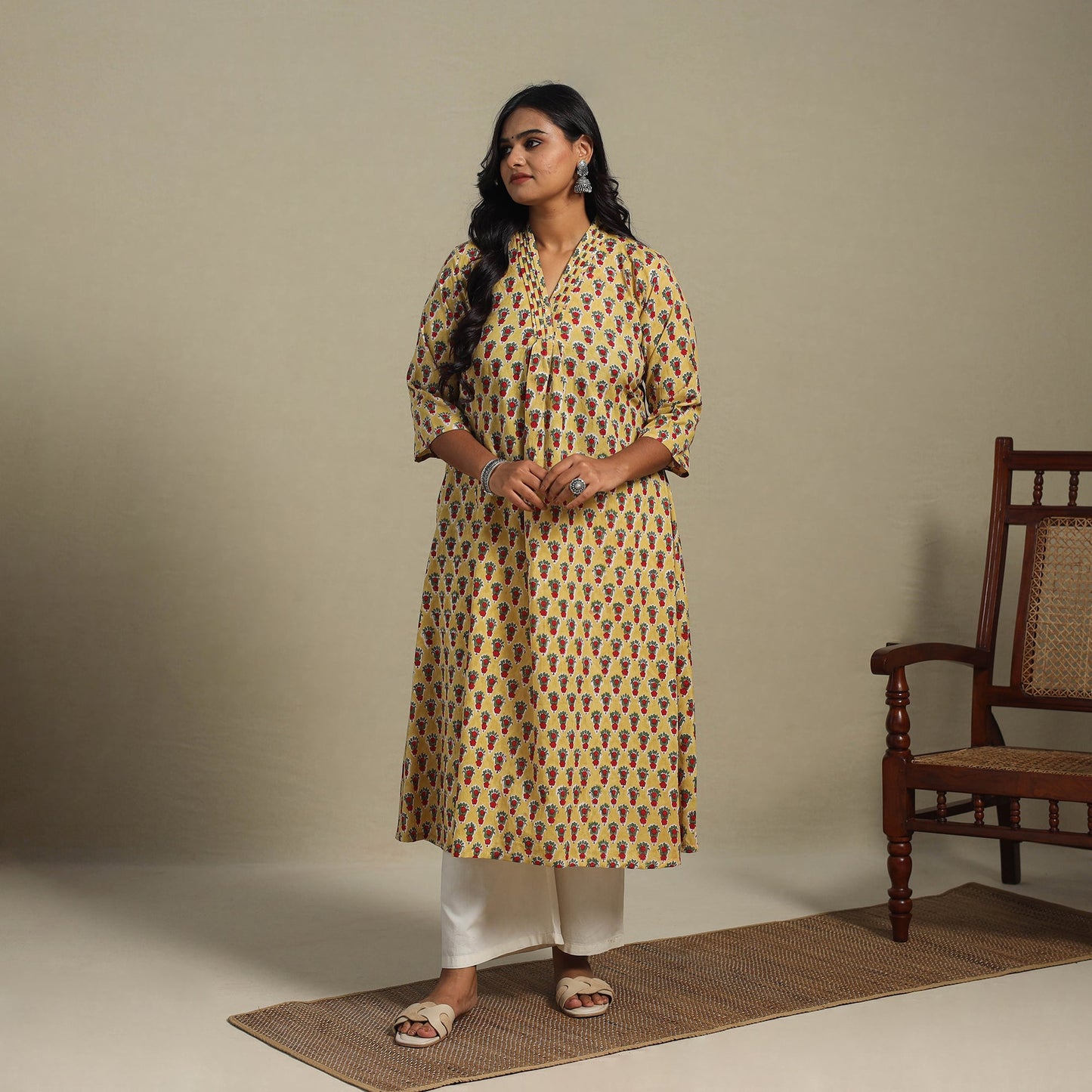Yellow - cotton a-line sanganeri kurta 32 - handcrafted