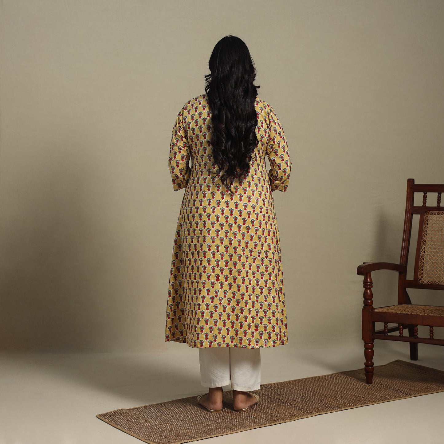 Yellow - cotton a-line sanganeri kurta 32 - handcrafted