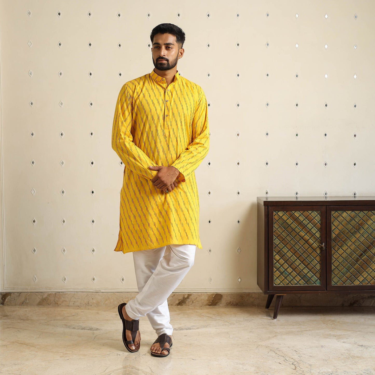 Buy Yellow Cotton Long Pochampally Ikat Kurta for Men