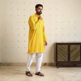 Buy Yellow Cotton Long Pochampally Ikat Kurta for Men