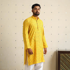 Buy Yellow Cotton Long Pochampally Ikat Kurta for Men