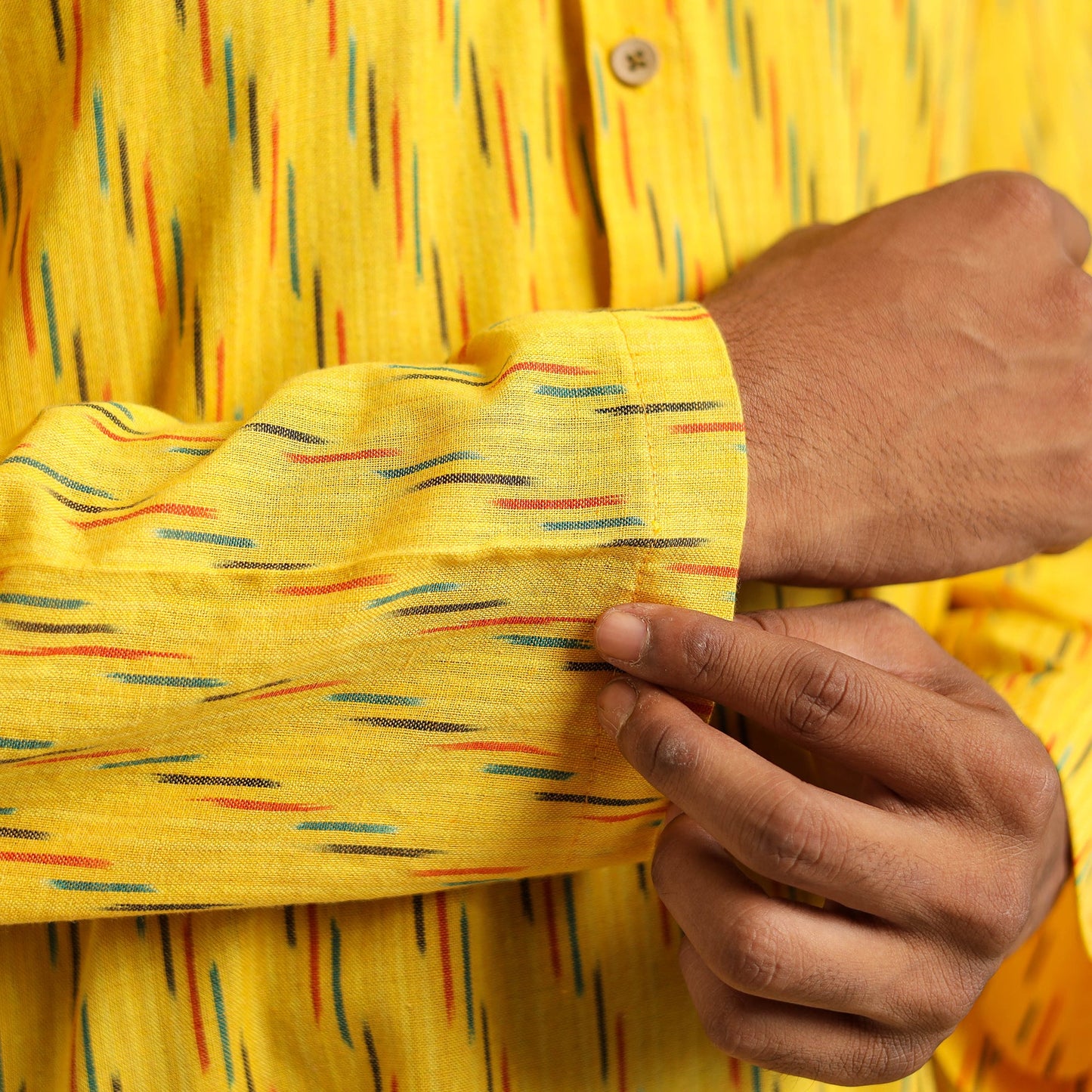 Buy Yellow Cotton Long Pochampally Ikat Kurta for Men