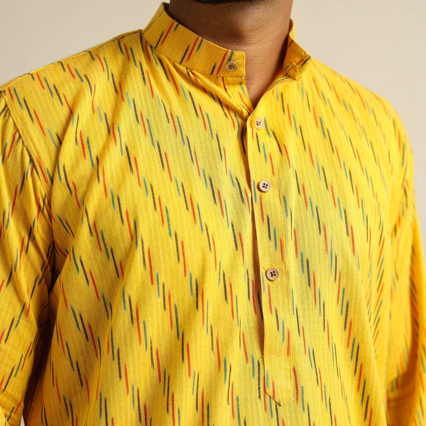 Buy Yellow Cotton Long Pochampally Ikat Kurta for Men