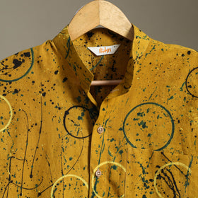 Yellow Block Print Cotton Men Half Sleeve Ajrakh Shirt