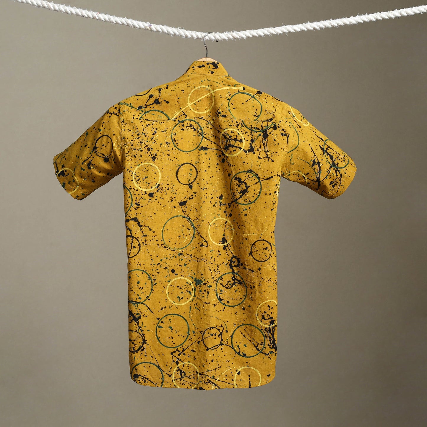 Yellow Block Print Cotton Men Half Sleeve Ajrakh Shirt