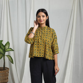 Yellow Block Print Cotton Natural Dyed Ajrakh Crop Top