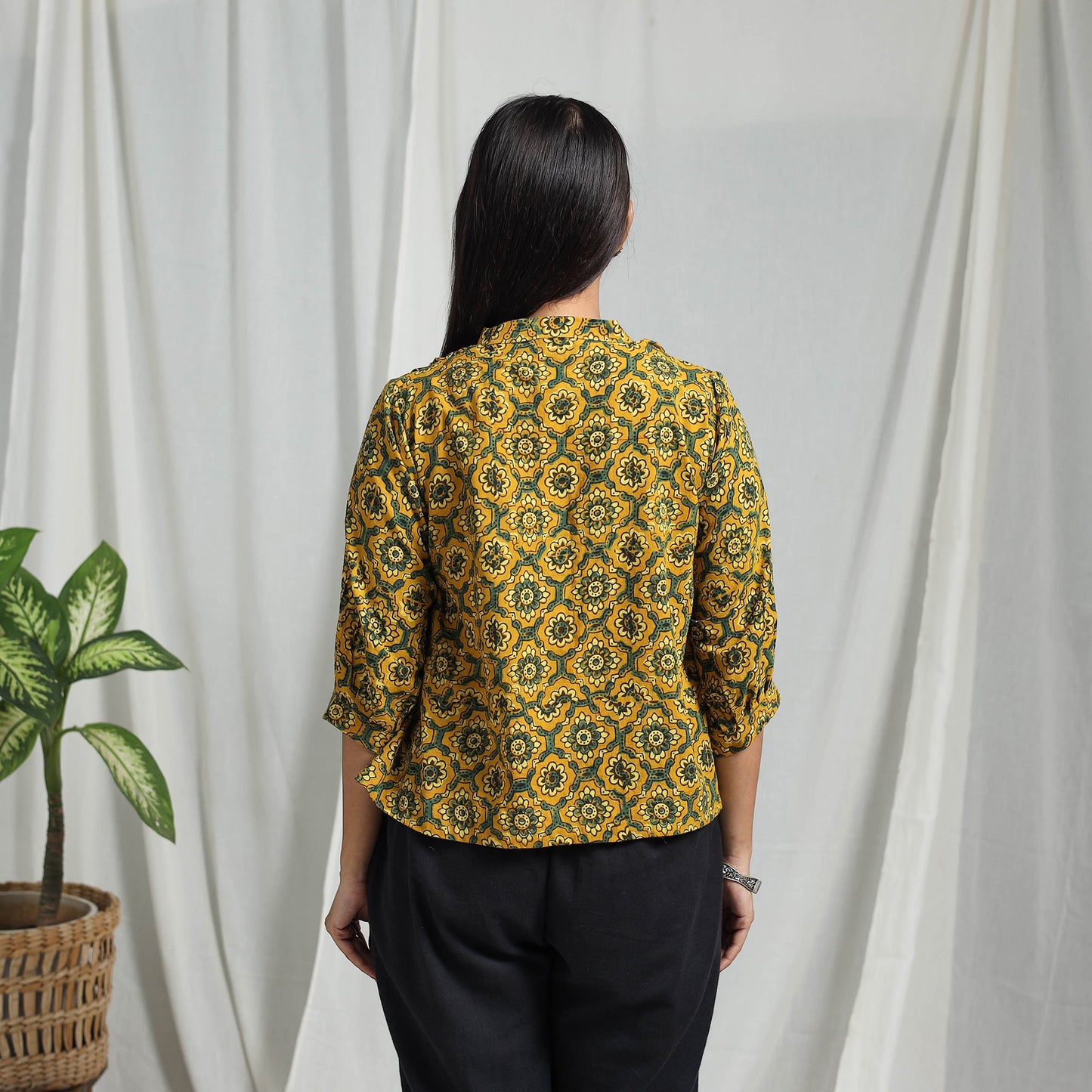 Yellow Block Print Cotton Natural Dyed Ajrakh Crop Top