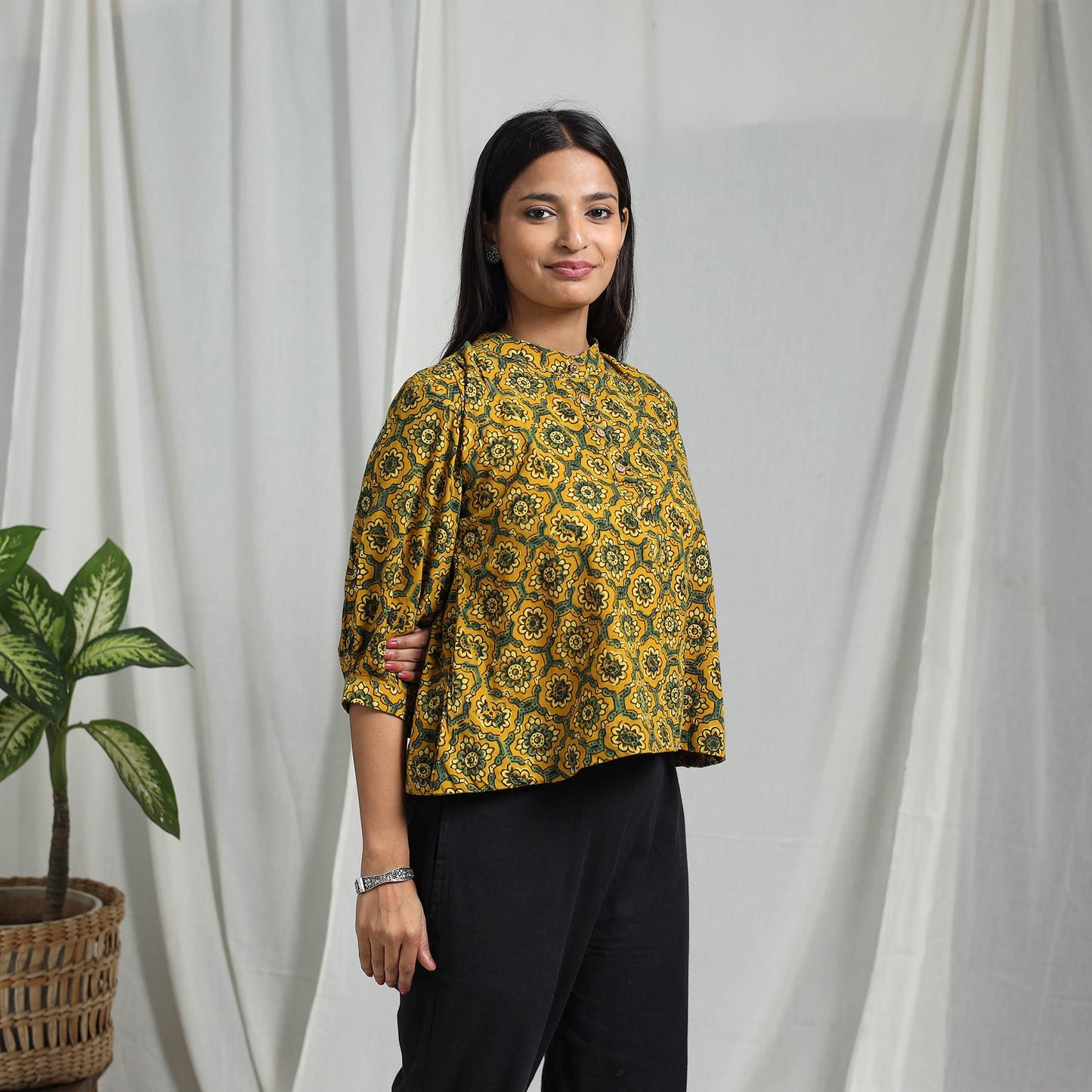 Yellow Block Print Cotton Natural Dyed Ajrakh Crop Top