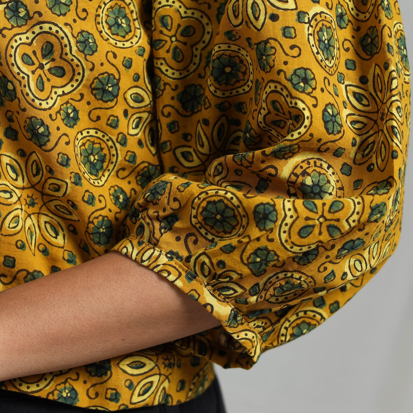 Yellow Block Print Cotton Natural Dyed Ajrakh Crop Top